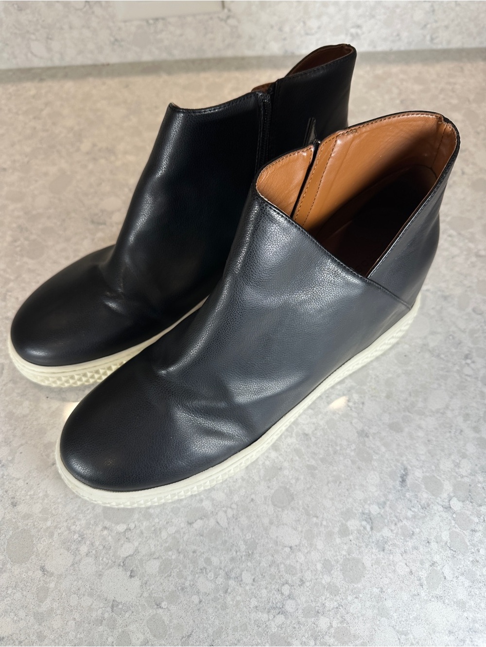 AEROSOLES Black Leather Wedge Ankle Booties with White Soles